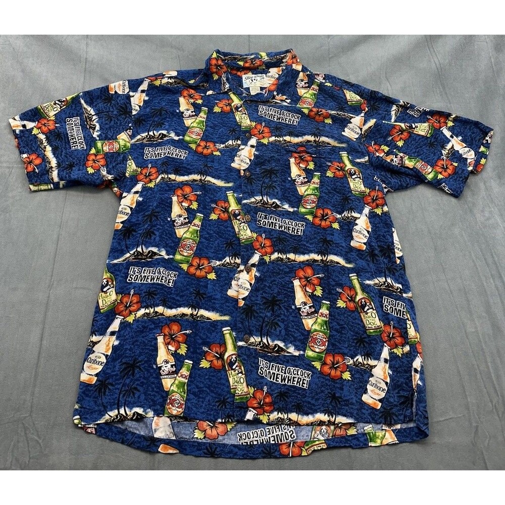 Vintage Big Dogs Hawaiian Shirt Mens 2X Its 5 OClock Somewhere Drinks Cocktail